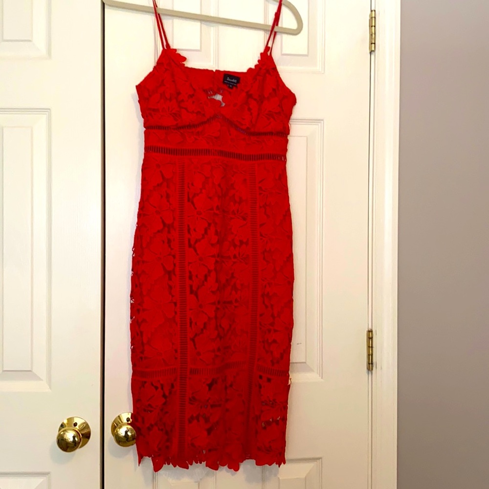 Bardot Red Lace Midi Dress